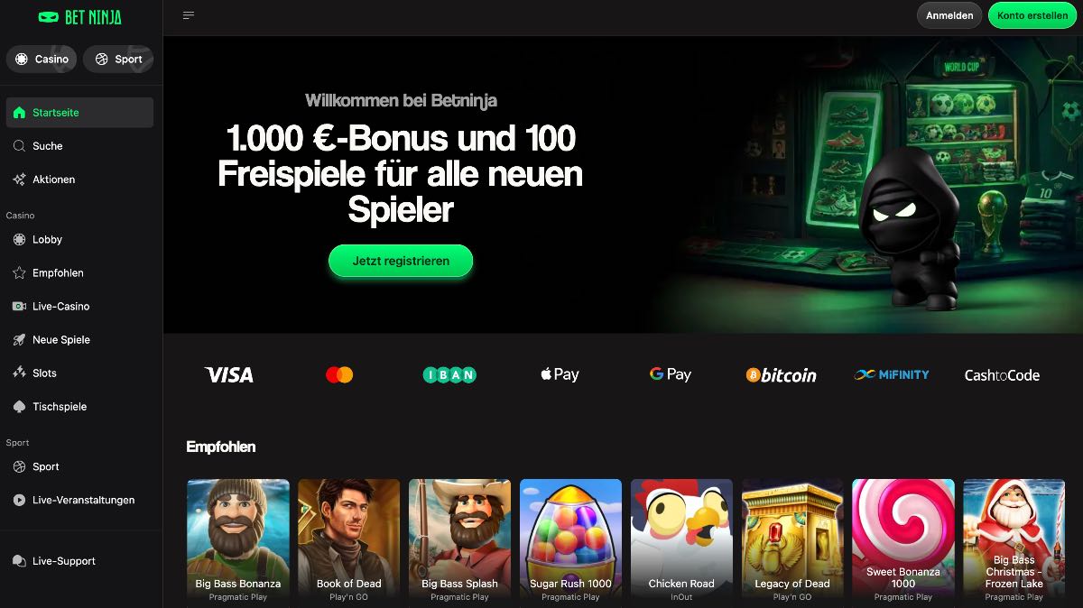 Betninja zeigt, dass gute online casinos nicht unübersichtlich sein müssen. Als kompakte Plattform überzeugt der Anbieter mit modernen Zahlungswegen wie Apple Pay und Google Pay sowie Krypto-Auszahlungen innerhalb von 0 bis 24 Stunden.