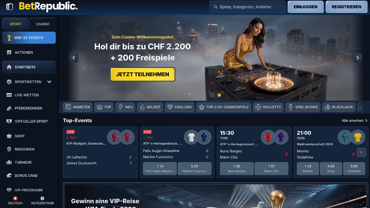 Für alle, die maximale Abwechslung suchen, gehört Betrepublic zu den vielseitigsten online casinos. Die gelungene Casino-Sportwetten-Kombination bietet über 12.000 Spiele und ermöglicht einen hürdenfreien Einstieg ab einer Mindesteinzahlung von nur 10 €.
