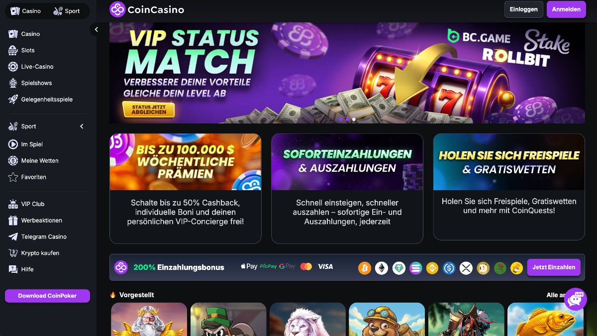 CoinCasino gilt als das konsequenteste Krypto-Casino im direkten Vergleich moderner online casinos. Die Plattform verzichtet komplett auf lästige KYC-Prozesse, akzeptiert ausschliesslich Kryptowährungen und garantiert absolute Sofortauszahlungen.