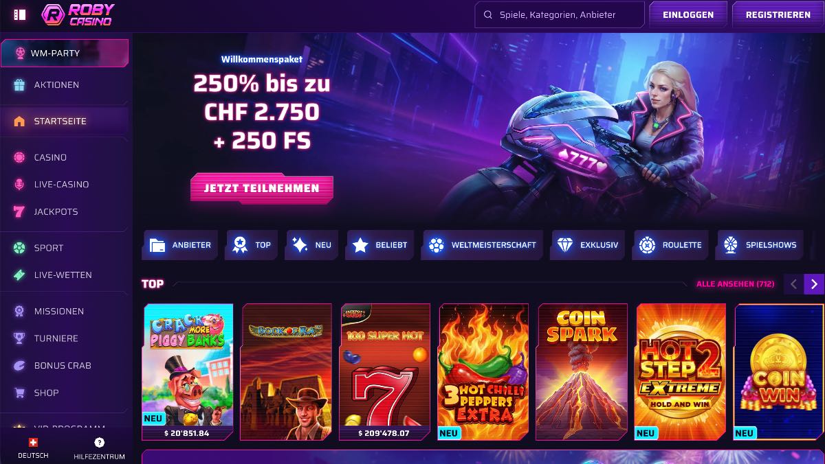 Roby Casino beweist, dass erstklassige online casinos auch für Gelegenheitsspieler perfekt geeignet sind. Mit einer Auswahl von über 9.500 Spielen, einem flexiblen Einstieg ab 10 € und verlässlichen E-Wallet-Auszahlungen binnen 24 Stunden überzeugt der Anbieter auf ganzer Linie.