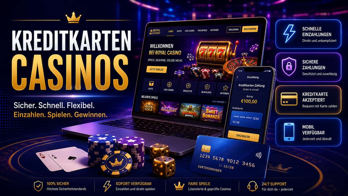 Neonfarbener Banner zu Kreditkarten-Casinos mit Laptop, Smartphone und Kreditkarten-Zahlungsansicht vor einer modernen Online-Casino-Oberfläche. Pokerchips, Würfel, Spielkarten und Infoboxen betonen schnelle Einzahlungen, sichere Zahlungen, Kreditkartenakzeptanz und mobile Nutzung.