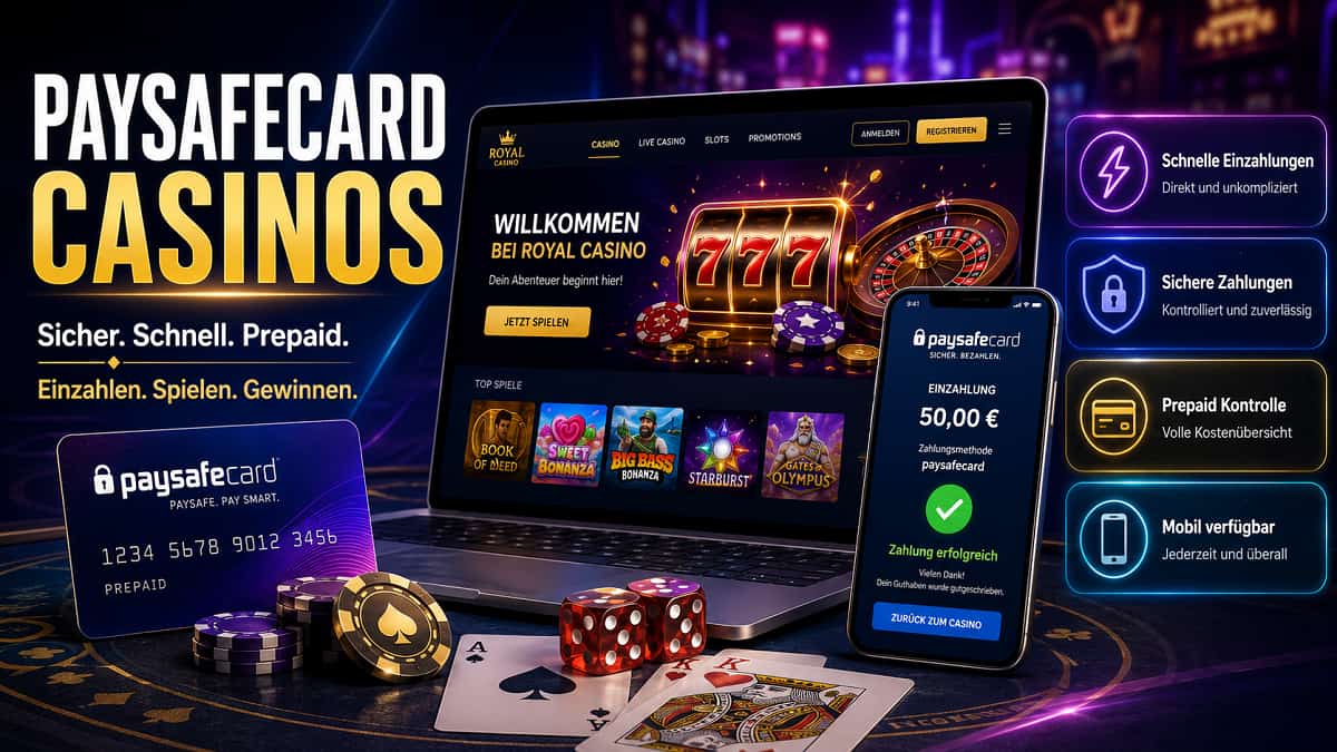 Diese elegante, neonfarbene Digitalanzeige präsentiert ein dynamisches Casino-Erlebnis und hebt die Bequemlichkeit und Sicherheit von PaysafeCard für Online-Transaktionen hervor. Mit leuchtenden Hightech-Elementen wie einer Laptop-Oberfläche im Casino-Design, einer Zahlungsbestätigung per Smartphone und beleuchteten Vorteilsfeldern vereint das Design Luxus und Spannung perfekt, umrahmt von einem edlen Farbschema in Dunkel und Gold.