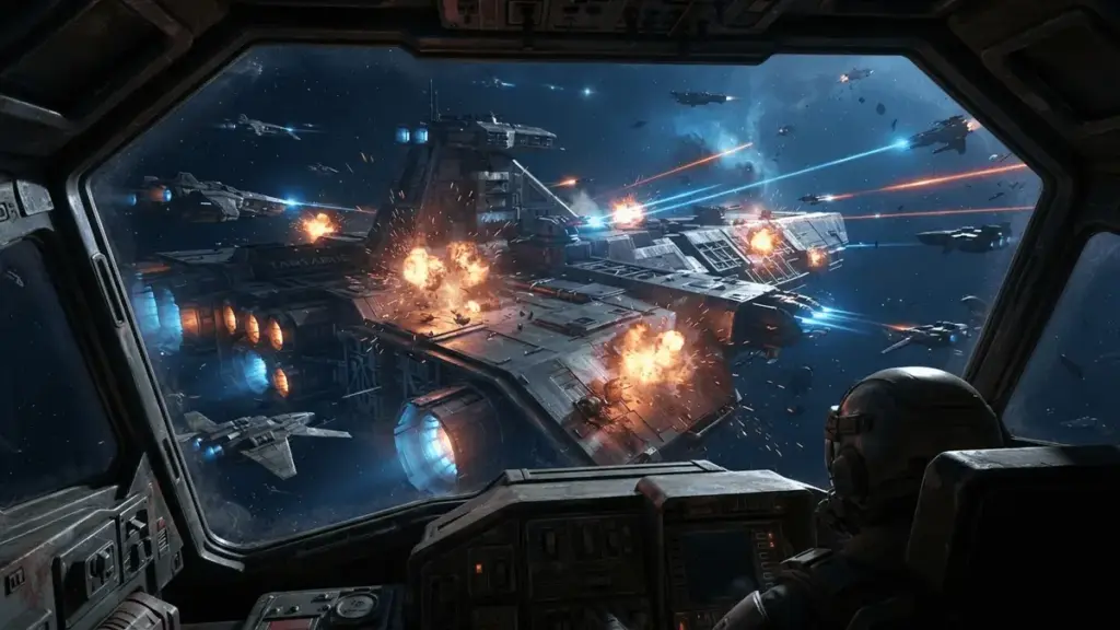 Space dropship approaching massive battleship during intense combat in Angels Fall First