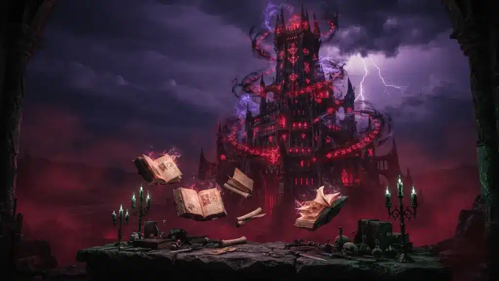 Dark fantasy wizard tower with red magical runes and floating spellbooks in mystical purple mist