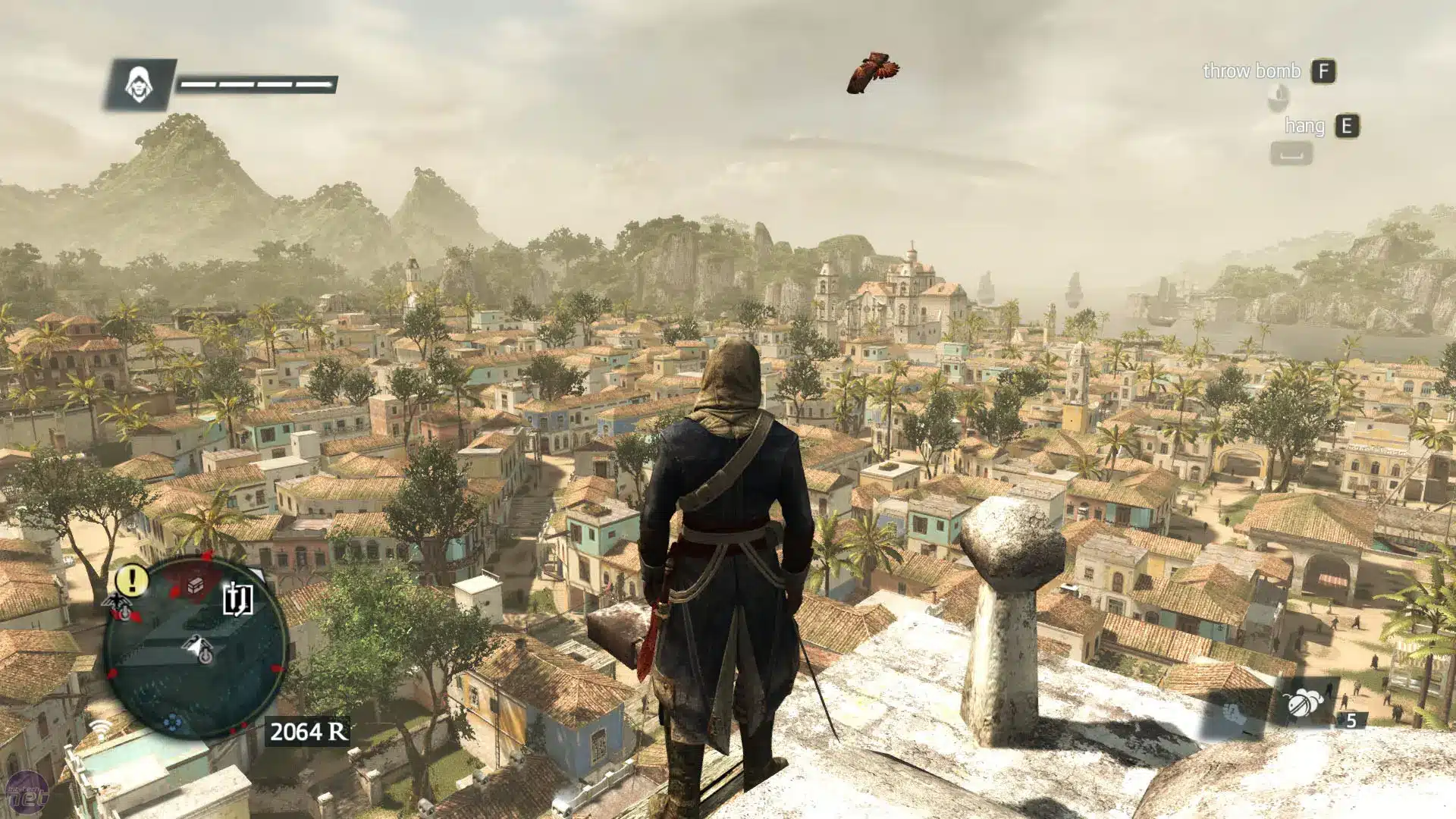 A character from Assassin's Creed IV: Black Flag overlooking a coastal cityscape.