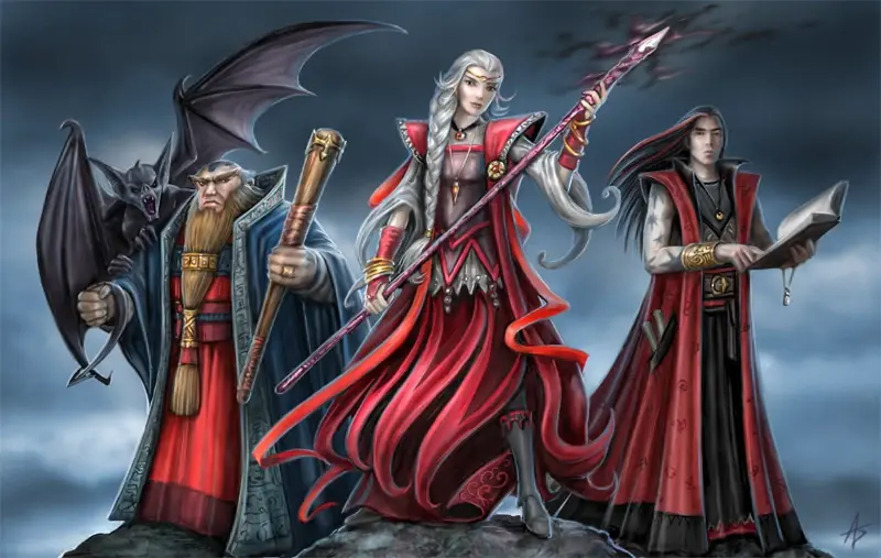 Three Red Wizards of Thay featuring a woman with a staff and two male wizards.