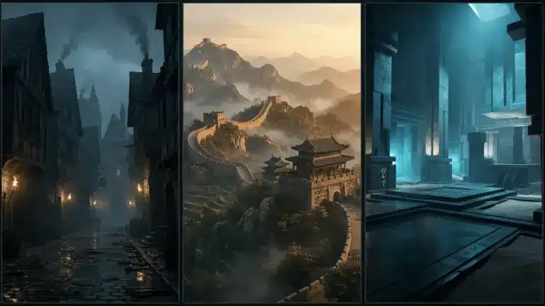 Three distinct historical settings representing new Assassin's Creed games in dramatic lighting