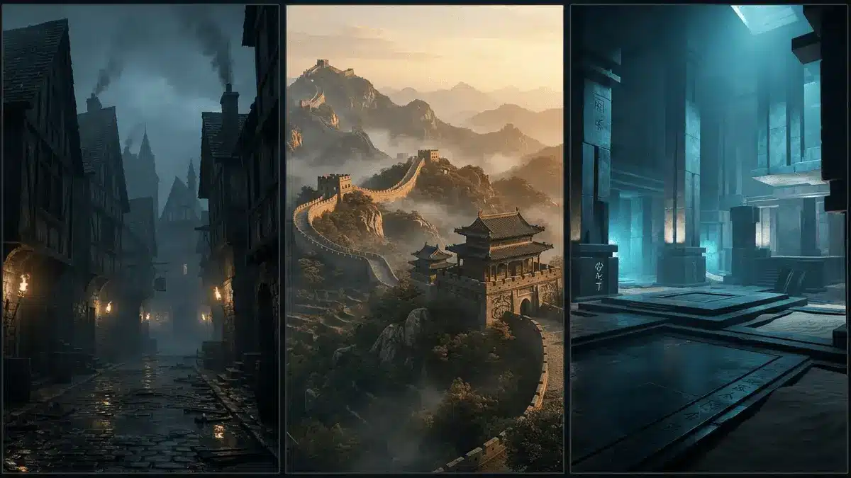 Three distinct historical settings representing new Assassin's Creed games in dramatic lighting