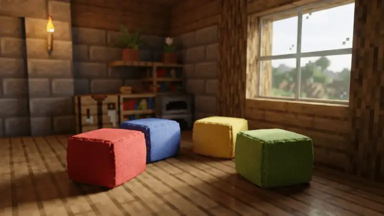 Colorful cushions in a cozy Minecraft interior with warm lighting