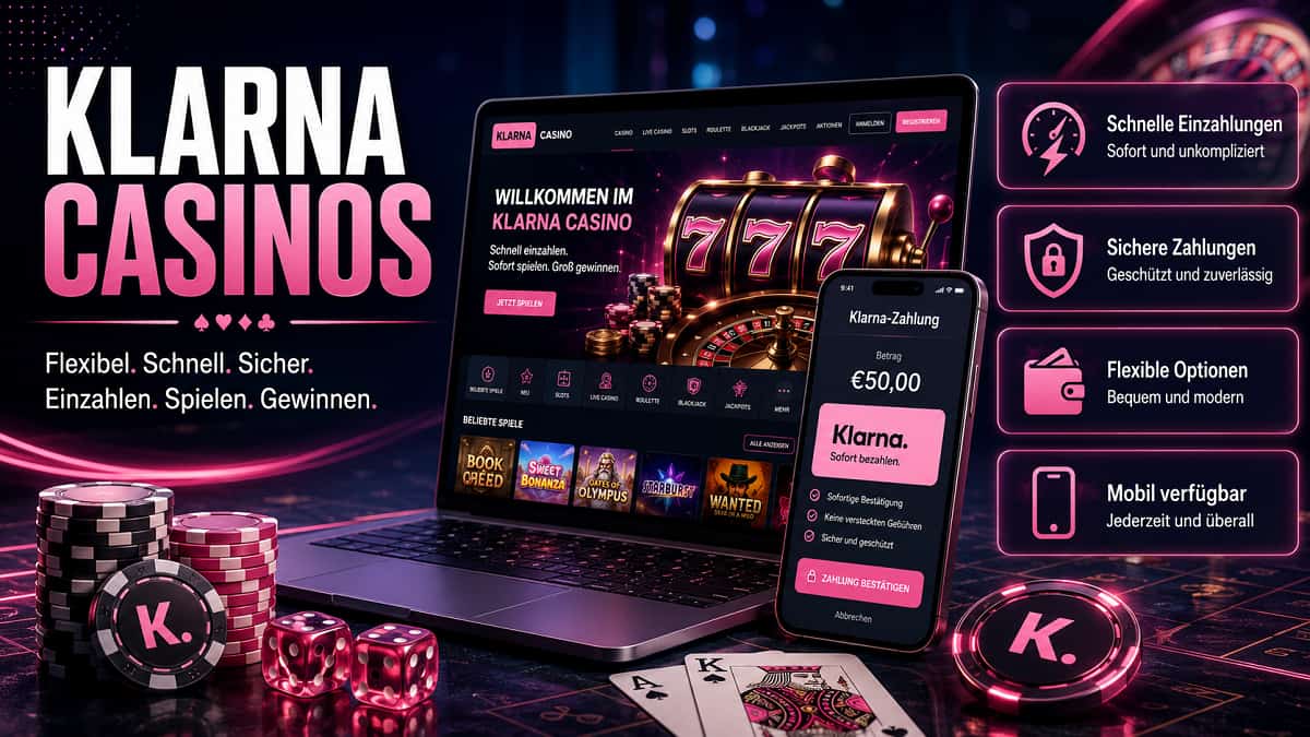 Neonfarbener Klarna-Casinos-Banner mit Laptop und Smartphone, die ein Online-Casino und eine Klarna-Zahlungsoption zeigen. Pokerchips, Würfel, Spielkarten und Infoboxen betonen schnelle Einzahlungen, flexible Zahlungen, Sicherheit und mobile Nutzung.