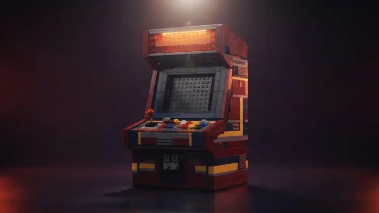 Detailed Lego arcade cabinet model with vintage 1980s gaming aesthetic and warm nostalgic lighting