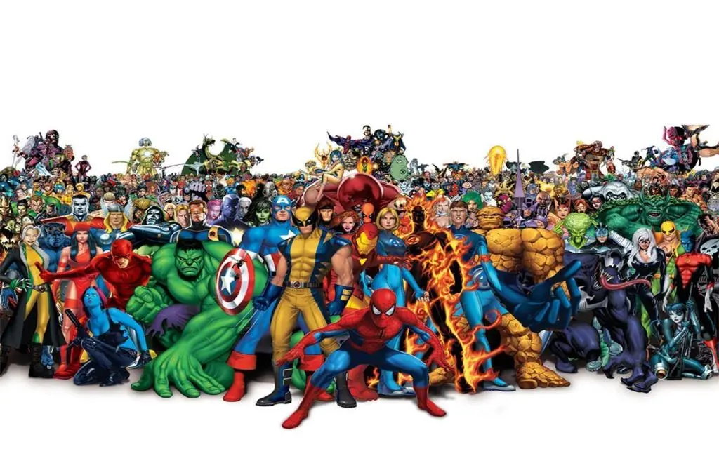 A large group of Marvel Comics superheroes in colorful comic style.