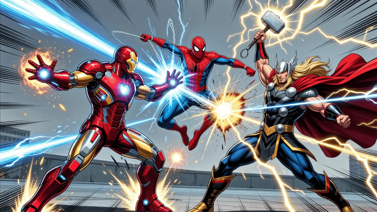 Marvel superheroes in dynamic fighting game action with Arc System Works anime art style