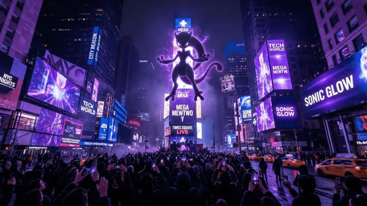 Mega Mewtwo Y silhouette projected on Times Square billboards at Pokémon Go 10th anniversary event