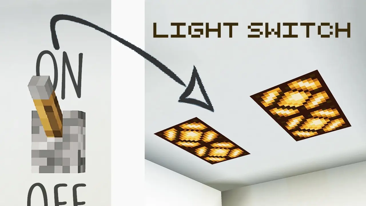 Minecraft light switch controlling ceiling lights designed in pixel art style.
