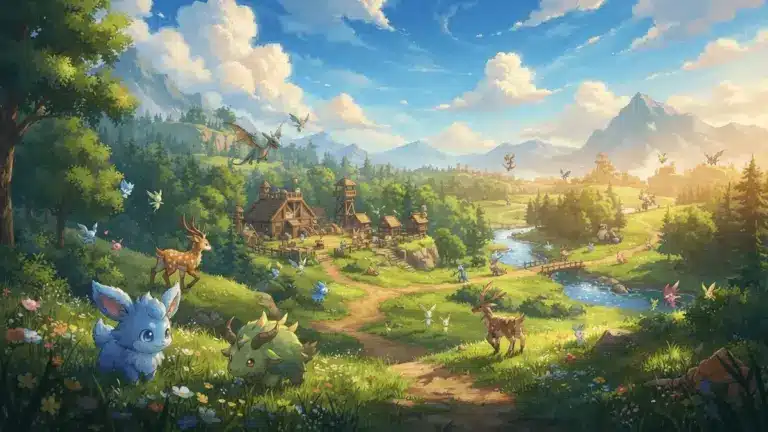 Vibrant Palworld landscape with colorful creatures in an open-world adventure setting