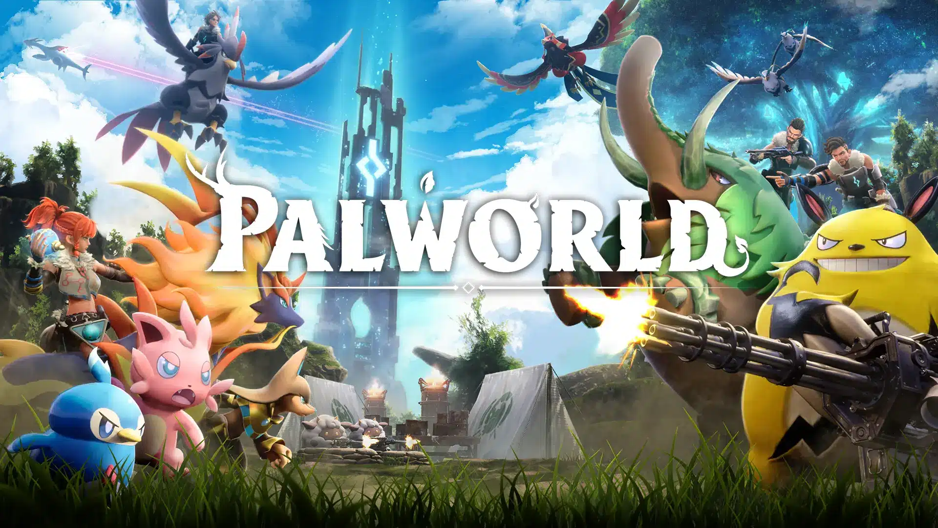 Colorful Palworld gameplay screenshot featuring characters and creatures.