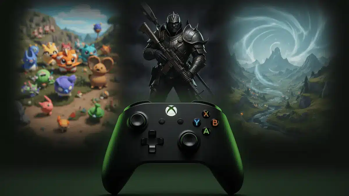 Xbox controller with dramatic lighting showcasing Palworld, DOOM and Wuthering Waves game worlds