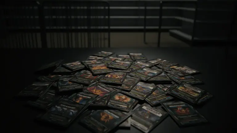 Scattered Pokémon trading cards and booster packs on retail counter with dramatic lighting