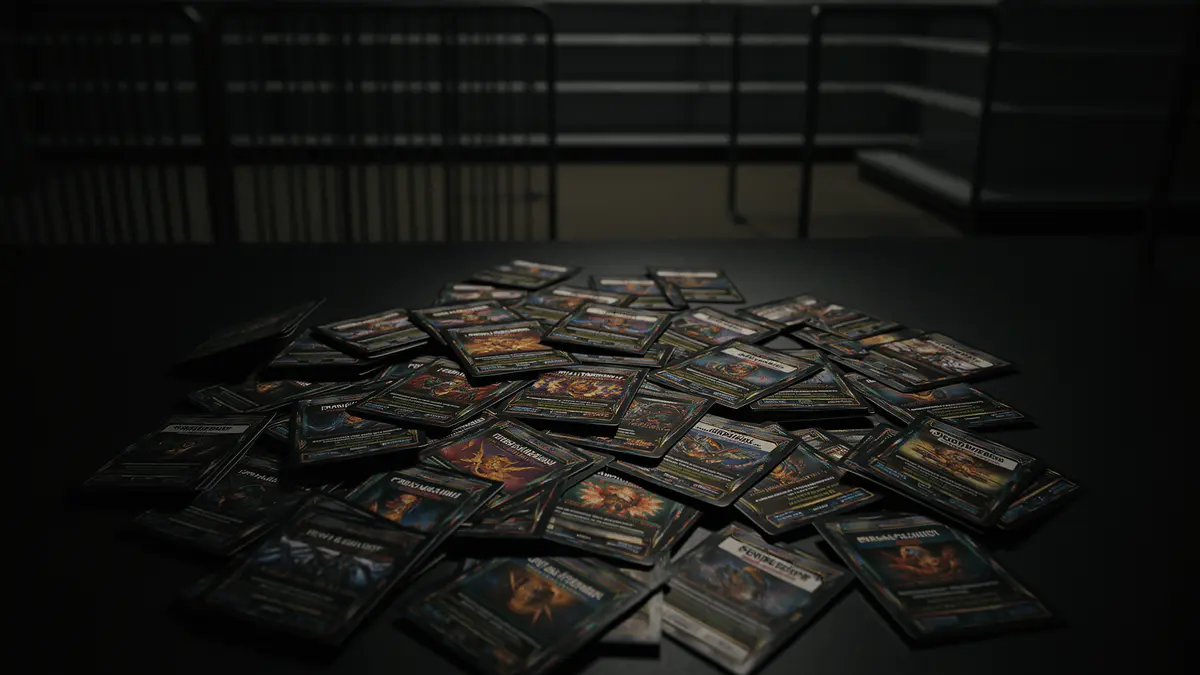 Scattered Pokémon trading cards and booster packs on retail counter with dramatic lighting