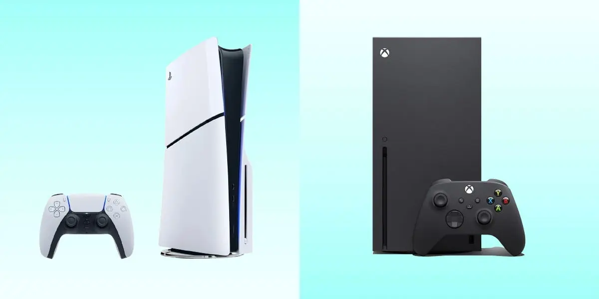PS5 console and controller on the left, Xbox Series X console and controller on the right.