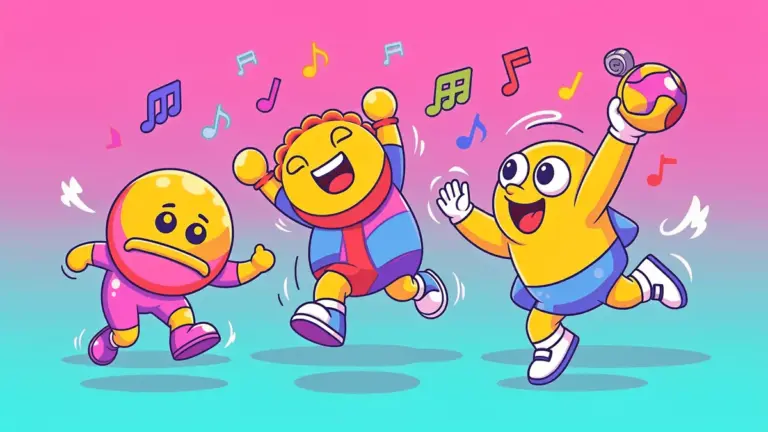 Colorful cartoon characters performing rhythmic actions in a vibrant Nintendo-style game scene