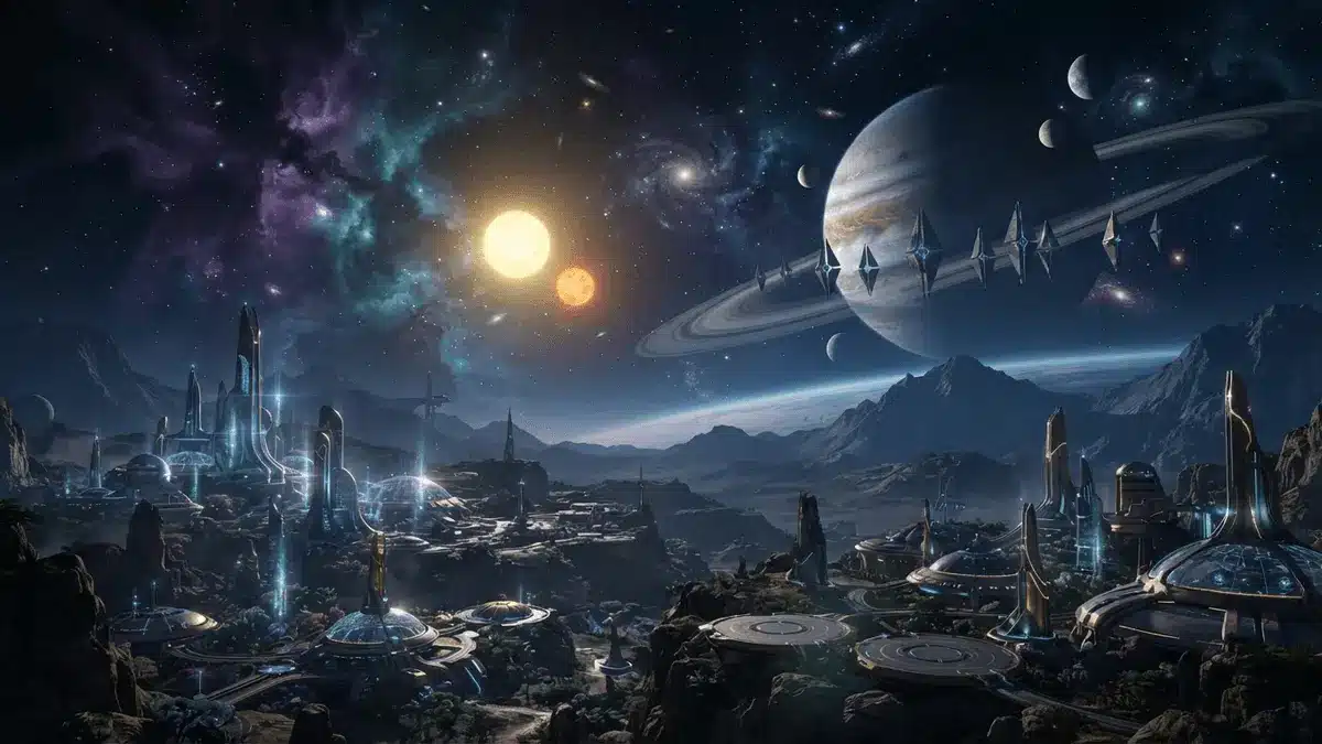 Alien solar system with futuristic colonies and mysterious sentinels orbiting distant planets
