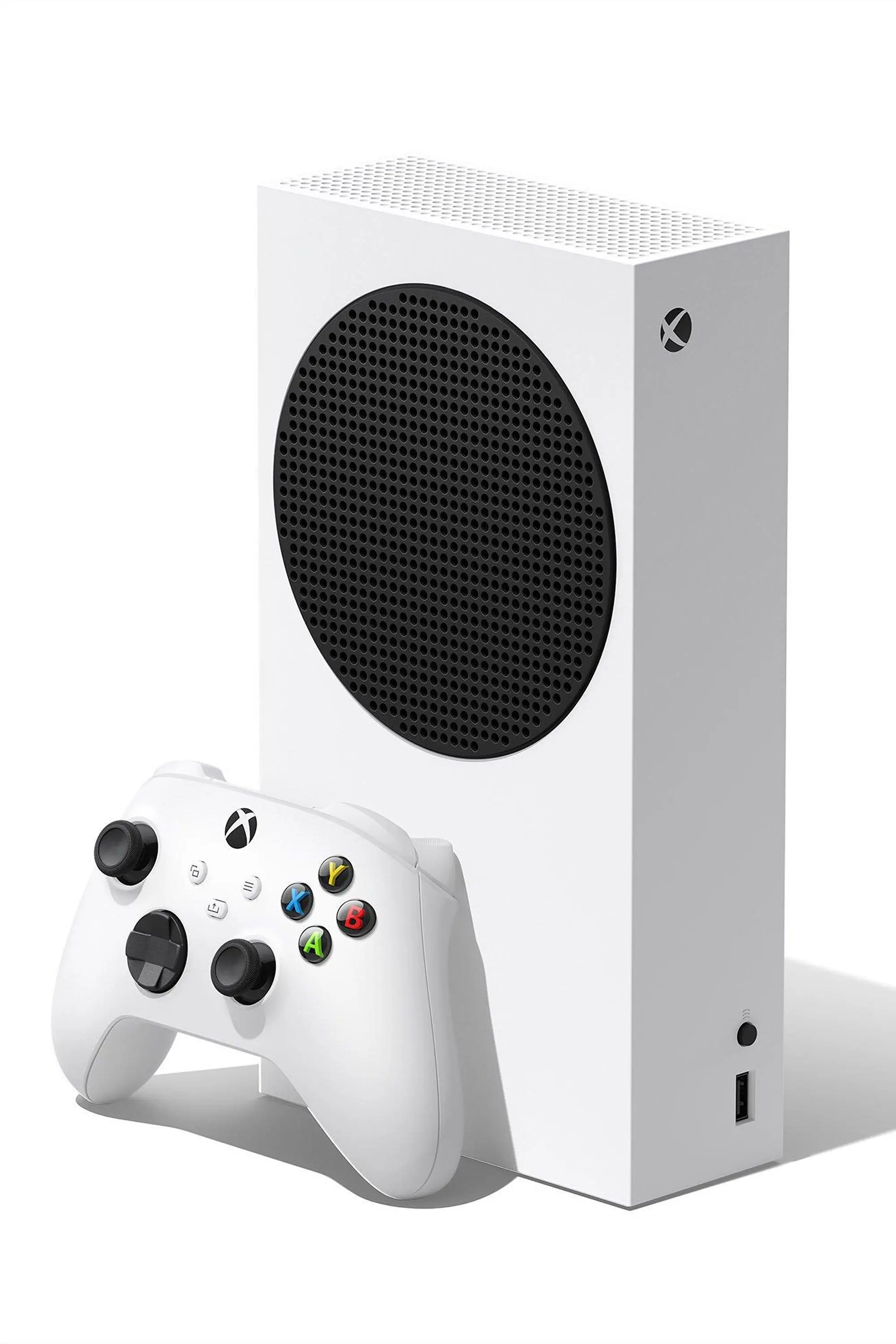 Xbox Series S console with a white controller on a white background